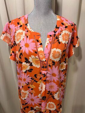 DR 2 Woven Orange, Black and Pink Short Sleeve Blouse Size XL